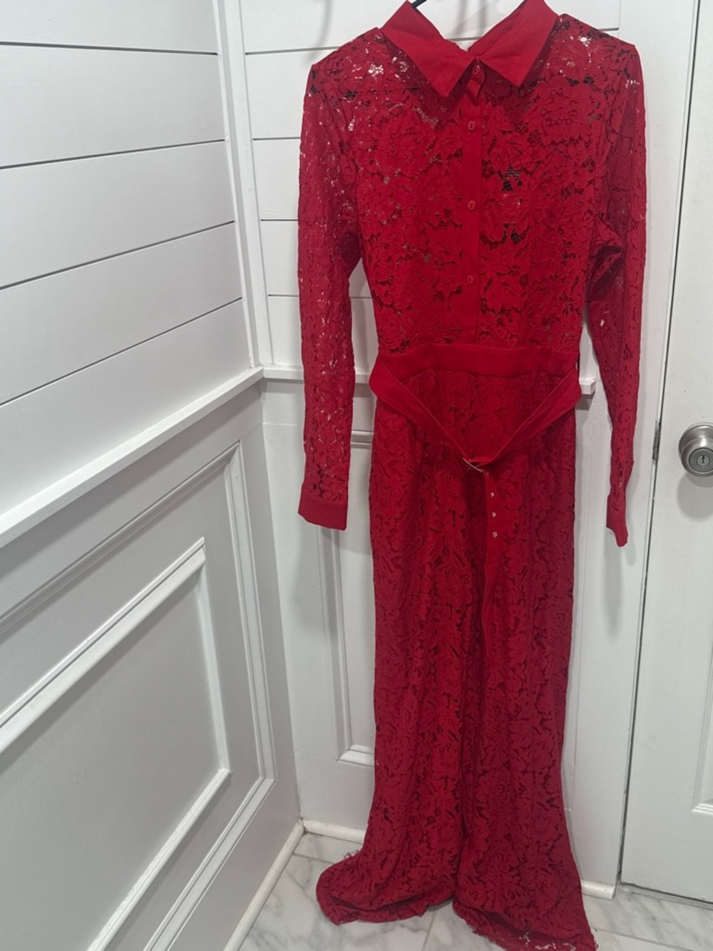 Fashion Nova Red Lace Long Sleeve Maxi Dress